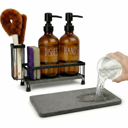 Kitchen Soap Dispenser Set with Sponge Holder & Brush Holder, 16oz Glass Hand and Dish Soap Dispenser, Instant Dry Diatomaceous Earth Stone Tray, Non-Slip Silicone Pad, Sink Organizer(Amber)