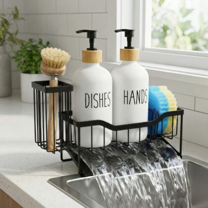 Kitchen Dish Soap Dispenser Set with Sponge Holder, 12OZ Glass Bottle, Hand and Dish Soap Dispenser Set, Non-Slip Silicone Pad, Brush Holder, Kitchen Sink Organizer Countertop (White)