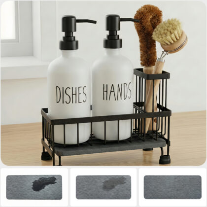 Kitchen Soap Dispenser Set with Sponge Holder & Brush Holder - 16oz Glass Hand and Dish Soap Dispenser, Instant Dry Diatomaceous Earth Stone Tray, Non-Slip Silicone Pad, Sink Organizer(White)