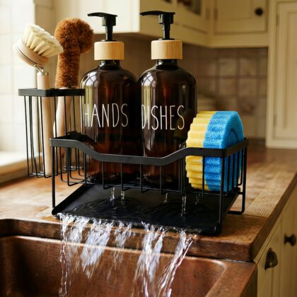 Kitchen Dish Soap Dispenser Set with Sponge Holder, 12OZ Glass Bottle, Hand and Dish Soap Dispenser Set, Non-Slip Silicone Pad, Brush Holder, Kitchen Sink Organizer Countertop (Amber)