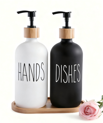 Kitchen Soap Dispenser Set, 2-Pack 16oz Glass Bottles for Hand and Dish Soap, Bamboo Tray & Bamboo Pumps, Refillable Countertop Sink Organizer for Kitchen & Bathroom, Farmhouse Decor (Black/White)