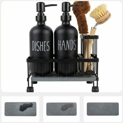 Kitchen Soap Dispenser Set with Sponge Holder & Brush Holder - 16oz Glass Hand and Dish Soap Dispenser, Instant Dry Diatomaceous Earth Stone Tray, Non-Slip Silicone Pad, Sink Organizer(Black)
